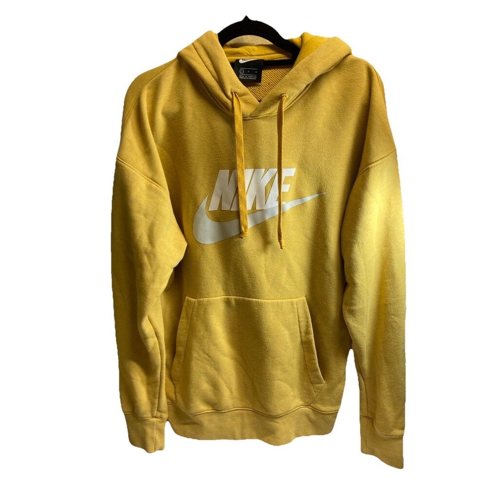 Nike Hoodie Mens Small Yellow Pullover Fleece Logo Swoosh Graphic Sweatshirt